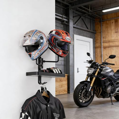 Double Helmet Wall Mount with Storage Tray and Hook, Metal Helmet Stand Rack Display Dual Helmet Organizer for Motorcycle Bicycle ATV Helmet Cowboy Hat Holder Football Helmets Gifts