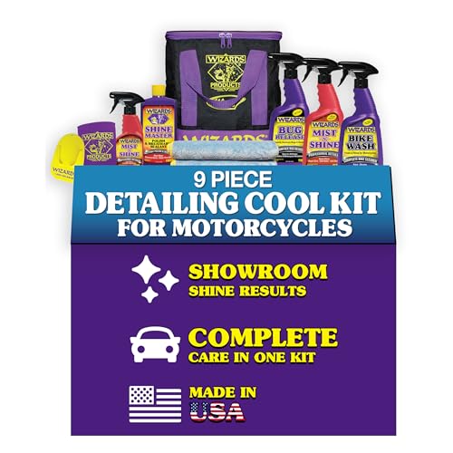 Wizards Motorcycle Cool Kit 22700 – Complete 82 oz Detailing Set with Mist-N-Shine, Bug Remover, Bike Wash, Polish, Microfiber Cloth – Professional Exterior Cleaning Supplies and Care Accessories