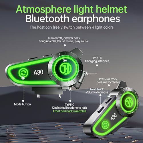 Motorcycle Bluetooth Headset with Noise Cancellatio, Helmet Bluetooth Headset Built-in Bluetooth 5.3 & Suitable for Most Helmets, Voice Assistant Hi-Fi Stereo Helmet Speakers 1200mAh Battery Life