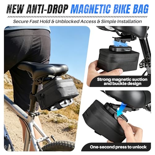 WOTOW Magnetic Bike Saddle Bag - 0.43L Portable Lightweight Under Seat Bicycle Bag with Fast Magnetic Clasp Attachment, Waterproof Zipper, Internal Pocket for Road, Mountain Bikes(S) - size: Small