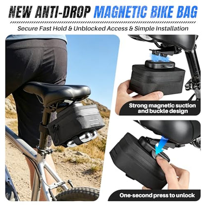 WOTOW Magnetic Bike Saddle Bag - 0.43L Portable Lightweight Under Seat Bicycle Bag with Fast Magnetic Clasp Attachment, Waterproof Zipper, Internal Pocket for Road, Mountain Bikes(S) - size: Small