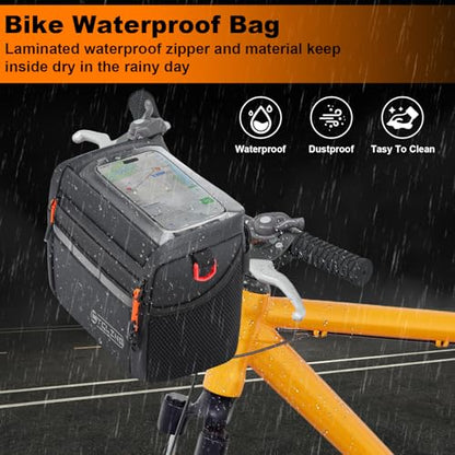 Insulated Bike Handlebar Bag, 4L Capacity Storage Pouch with 7.5" Bike Phone Bag Holder Sensitive Touch Screen Tube Bicycle Bag with Shoulder Strap for Outdoor Trip
