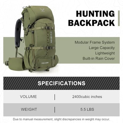 MOXULE Pro 2400 Frame Backpack - Meat Hauler Pack with Rain Cover for Outdoor - Lightweight, Green - color: Green 40l