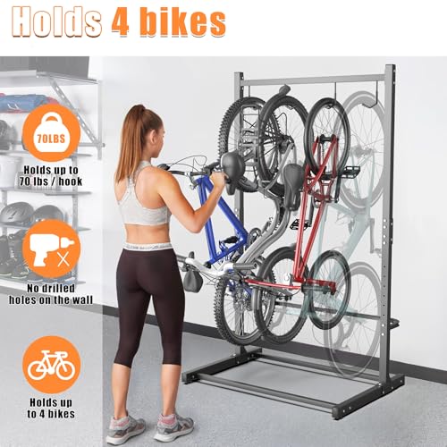 TORACK Garage Freestanding Hanging Bike Stand with Wheels, Heavy Duty Rolling 4 Bikes Vertical Bike Storage Stand Floor Bike Storage Rack - style: Bike stand for 4 bikes