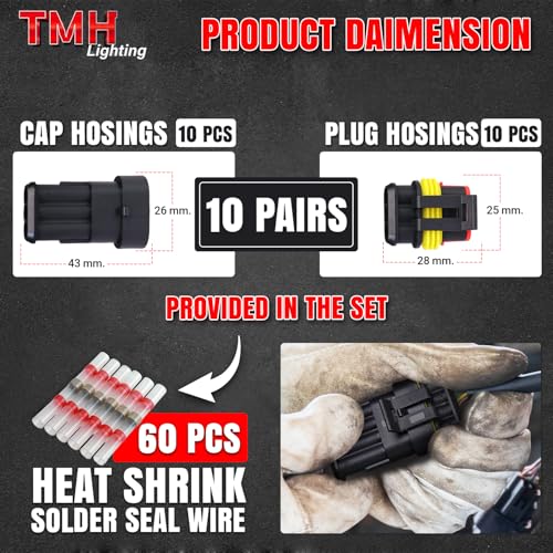 TMH 10 Sets of 3 Pin Electrical Connector Male and Female, 10cm. 22 AWG Waterproof Wire Connectors Automotive 3 Way with Heat Shrink Tubing for Car Truck Boat Wire Connection - size: 3 Pin - 10 Sets