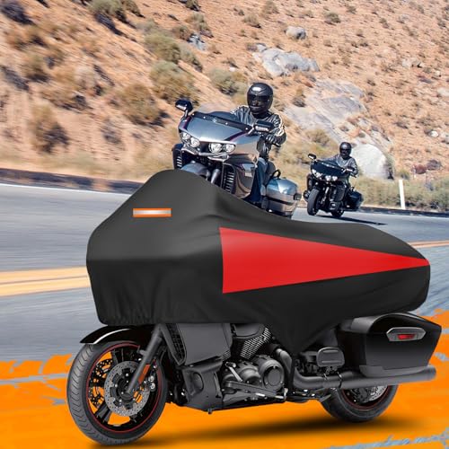 Motorcycle Half Cover with Elastic Hook and Reflective Strip Waterproof Dustproof Sunproof All-Day Protection Suitable for Touring Models Road King Street Glide Road Glide and More (Black&Red) - color: Black&Red