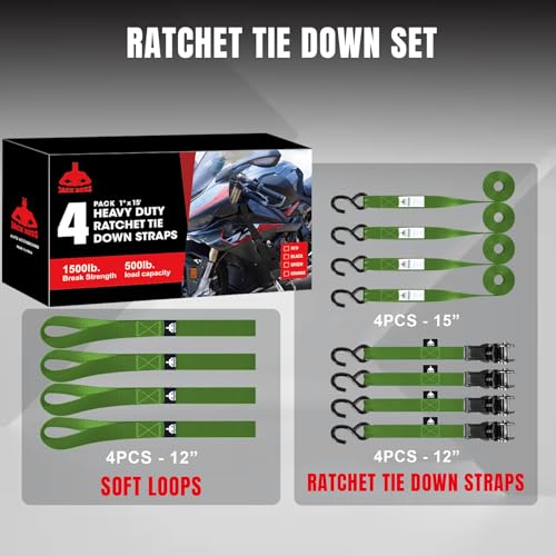Jack Boss Ratchet Tie Down Straps Set,1500 lbs Break Strength, 1" x 15' Heavy Duty Ratchet Straps with 4X Soft Loops Padded Handles Coated S Hook, Fits for Moving Appliances Motorcycle ATV Truck,Green - color: Green