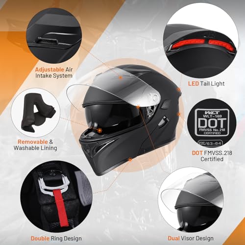 OUMURS DOT Modular Motorcycle Full Face Helmet Flip-Up Dual Visor, Lightweight & DOT Approved, Matte Black