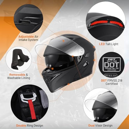 OUMURS DOT Modular Motorcycle Full Face Helmet Flip-Up Dual Visor, Lightweight & DOT Approved, Matte Black