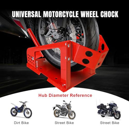 Big RED Motorcycle Wheel Chock, 1800 lbs Capacity Wheel Cradle Holder with 12 Adjustable Holes, for 16"-21" Motorcycles, Dirt Bike - color: RED wheel chock
