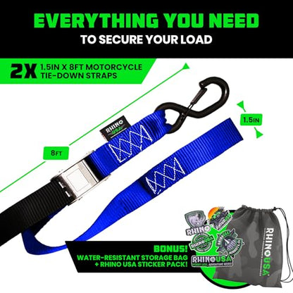 Rhino USA Motorcycle Tie Down Straps (2 Pack) Lab Inspected 2,200lb Break Strength, Steel Cambuckle Tiedown Set with Integrated Soft Loops - Better Than a Ratchet Strap (Blue 2-Pack) - color: Blue 2-Pack