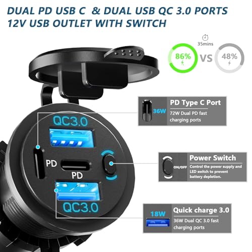2PCS,Dual PD USB C Ports & Dual USB Quick Charge 3.0 Ports 12V USB Outlet with Switch, VANONE Waterproof and Dustproof Car Charger Socket, Accessories for Car Boat Marine Motorcycle RV ATV Golf Cart