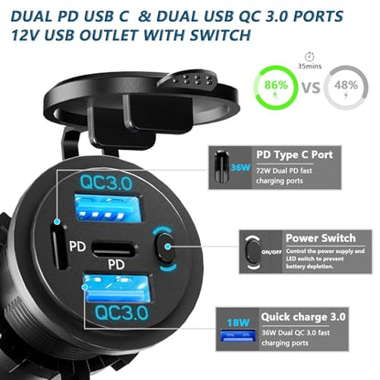 2PCS,Dual PD USB C Ports & Dual USB Quick Charge 3.0 Ports 12V USB Outlet with Switch, VANONE Waterproof and Dustproof Car Charger Socket, Accessories for Car Boat Marine Motorcycle RV ATV Golf Cart