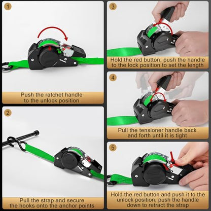 10FT Retractable Ratchet Straps(2-Pack) - 1 Inch (1800 LB Break Strength) Heavy Duty Self Retracting Ratchet Straps with Soft Loops & Storage Bag for Household, Motorcycle, Truck, ATV(Green) - style: Green-2 Pack