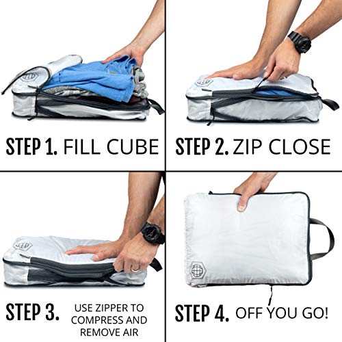 Extra Large Compression Packing Cube 6 Piece Set for Travel and Check Luggage by TRIPPED Travel Gear - color: White and Grey