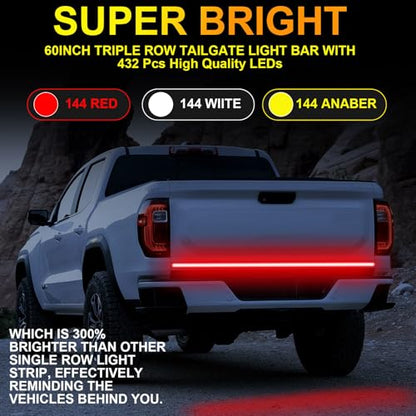YUGUANG 60 Inch Truck Tailgate Light Bar, Triple Row LED Tailgate Light Strip with Brake Reverse Sequential Turning Signals Strobe Lights - size: 60 Inch Red White Amber