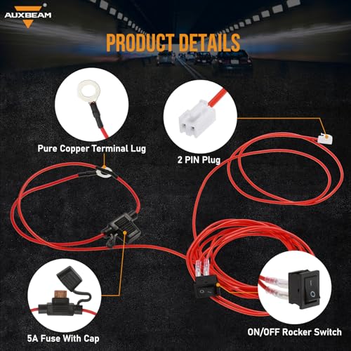 Auxbeam Universal Acc Power Wiring Harness 6.6FT 20AWG 2PIN Acc Electrical Wire with On/Off Switch & 5A Fuse, Acc Power Wire for Auxbeam Switch Panel 6/8/12 Gang Switch Panel Cable - style: 6.6FT ACC Cable