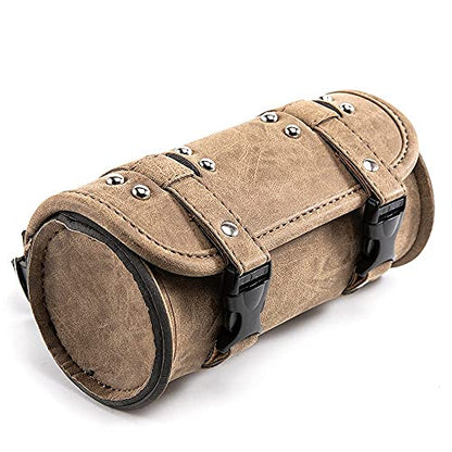 Universal Motorcycle Handlebar Bag, PU Leather Adjustable Fork Bag, Sissy Bar Tool Bags, Motorcycle Saddle Bags with Quick Release Buckles (Brown), (APE-MTGB38) - color: Brown 2