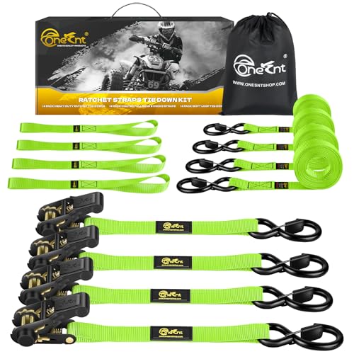 4Pcs Ratchet Tie Down Straps Kit for 2400lb Break Strength | 1” x 16FT Tie Down Straps with Soft Loop Tie-Downs & Safety S Hook - Cargo Strap Tie Down for Trucks, Motorcycle, Moving, Appliances-Green - color: Green