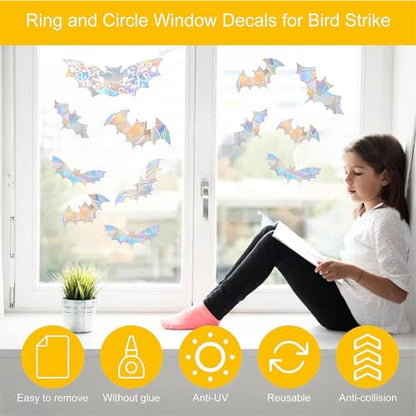 15PCS Bat Window Clings - Anti-Collision Decals to Save Birds from Collisions,Non Adhesive Prismatic Vinyl Clings, Rainbow Stickers - color: Bat