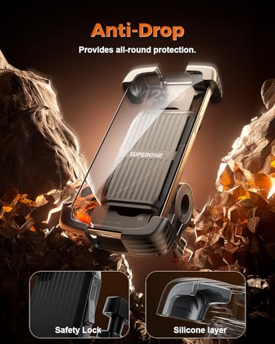 SUPERONE Bike Phone Holder, [Silicone Wrapped] [1s Lock] Motorcycle Cell Phone Holder Mount, Bicycle Scooter Handlebar Clamp for iPhone 17 16 15 Air Pro Max, S25 S24 Ultra, More 4.7-7.2" Phones - color: Matte Black