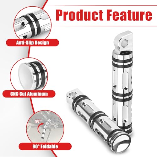 Goldfire Motorcycle Foot Pegs Front & Rear Footpegs 1 Pair Slim CNC Cut Foot Rests Compatibility For Harley Sportster, Dyna, Road King (Chrome) - color: Chrome