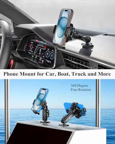 BRCOVAN Anti-Theft Phone Mount Holder with Vibration Dampener, 1s Locking | Don't Block Camera, with Aluminum Medium Arm & Square Base, for Car Boat Truck Motorcycle UTV, Fit 5.4-7.2'' Smartphones