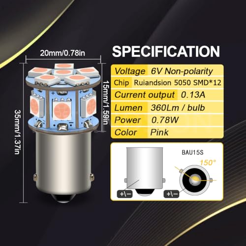 Ruiandsion 1156 Light Bulbs 2pcs 6V 1156 BA15S LED Bulbs RV Lights Pink 5050 12SMD for Back Up Reverse Turn Signal Tail Lights,Non-polarity - color: Pink, size: 1156/BA15S
