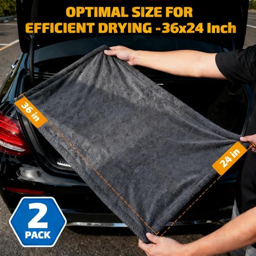 2-Pack 1200 GSM Car Drying Towels – Microfiber Towels for Cars (36" x 24"), Ultra-Absorbent, Streak-Free, Scratch-Free, No Water Spots, Double-Twist Pile & Edgeless Design
