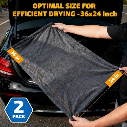 2-Pack 1200 GSM Car Drying Towels – Microfiber Towels for Cars (36" x 24"), Ultra-Absorbent, Streak-Free, Scratch-Free, No Water Spots, Double-Twist Pile & Edgeless Design