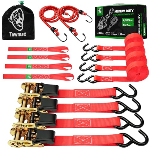 Ratchet Straps Medium Duty 4 Pack -1 Inch x 15 Feet (1,823LB Break Strength)- Motorcycle Tie Down Straps -Soft Loops with Bungee Cords- Ratchet Tie Down Set for Powersports, Motorcycle or Moving Cargo - color: Red, size: 1823lb - 15ft