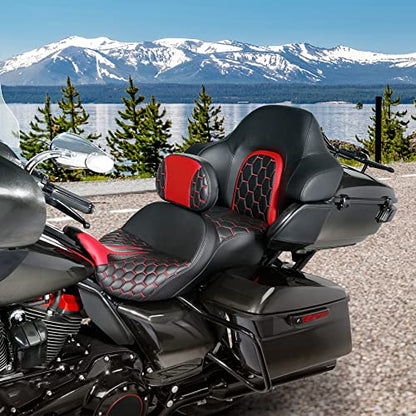 Extended Reach & Max Profile Seat Gel Rider Cushion with Rider Backrest and King Tour Pack Trunk Backrest Pad fit for Harley Touring Road King Street Glide Road Glide Electra Glide 09-23 Black Red - color: Gel Style A Red Seat + 2 Backrest