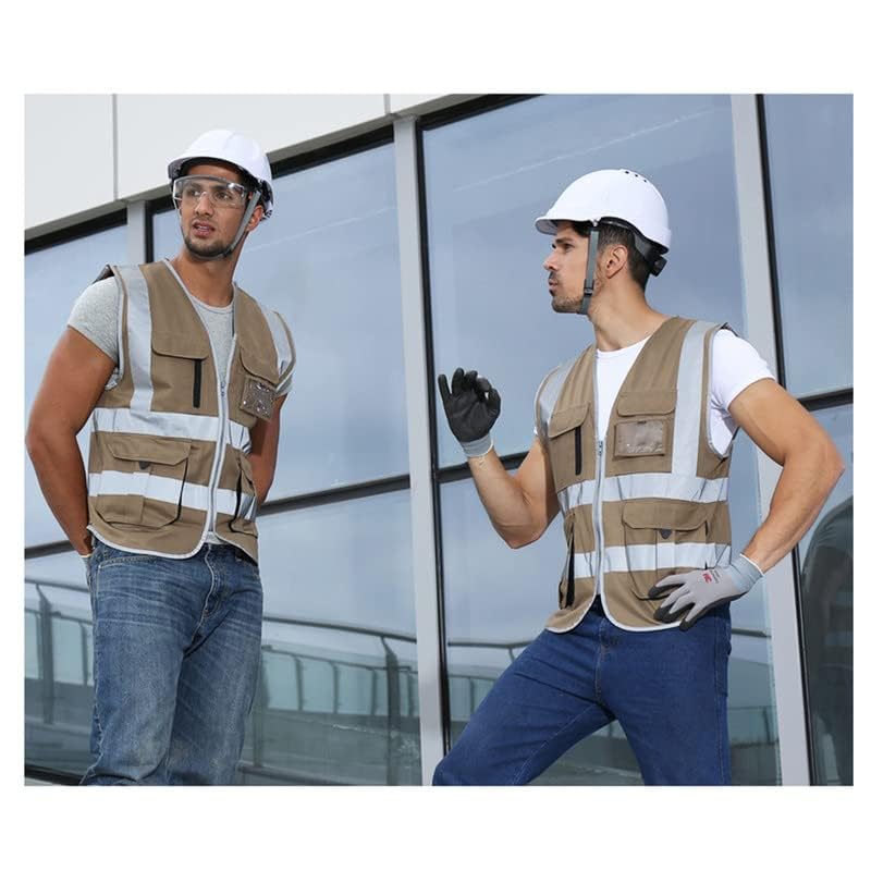 High visibility reflective safety vest multi pockets Hi-vis vest workwear safety waistcoat with reflective strips - color: Brown, size: Small