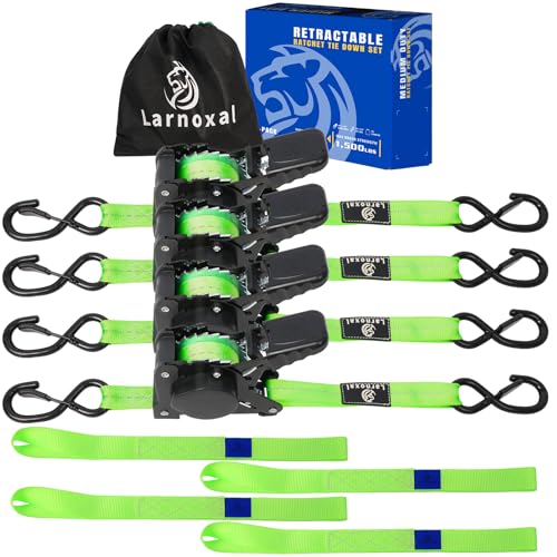 Retractable Ratchet Straps 4 Pack - 1,500 Lbs Break Strength 1 in x 10 Ft Heavy Duty Retractable Ratchet Tie Down Straps with S Hooks Set for Truck, Cargo Van, Trailer, Motorcycle (Green) - color: Green