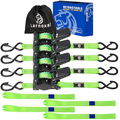 Retractable Ratchet Straps 4 Pack - 1,500 Lbs Break Strength 1 in x 10 Ft Heavy Duty Retractable Ratchet Tie Down Straps with S Hooks Set for Truck, Cargo Van, Trailer, Motorcycle (Green) - color: Green