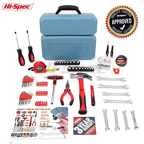 Hi-Spec 73pc Home and Garage Tool Kit Set. Essential Household and Auto Repair Tools. Includes Pliers, Sockets, Wrenches and a Hex Key Set in a Toolbox Carry Case - size: 73 PCS