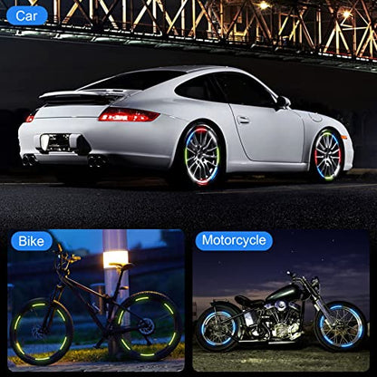 OIIKI 80PCS Reflective Car Wheel Rim Stickers, Wheel Adhesive Strips Stickers, Fluorescent Reflective Exterior Accessories Decorative Decals Tape for Car, Motocycle, Bicycle-Green, White, Blue, Red