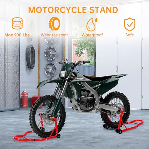 Heavy Duty Motorcycle Lift Stand Set, Front & Rear Wheel Paddock Stand with Adjustable Prong A dapter+L Swingarm Spool, 900 Lb Capacity for Bike Maintenance & Repairs, Red - color: Red