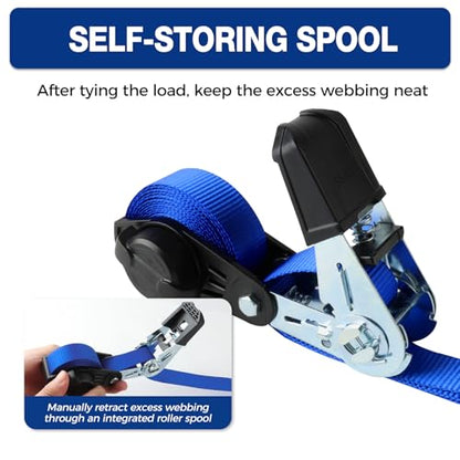 NeatStrap Ratchet Strap with Safety Lock Chromoly S Hooks-1,500lbs Break Strength-Motorcycle, Kayak Ratcheting Straps 1" x 15' Soft Loop Tie-Downs for Pickup Bed,Moving Truck,Trailer(4PK) - color: Blue