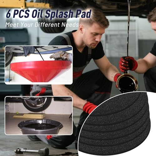 6 Pack 15'' Round Oil Drain Splash Pad, No Splatter Oil Splash Pad for Transmission Engine Changing, Oil Change Mat for Drain Pan, Heat-Resistant Cuttable Drip Pan Mat for Mechanic, DIY Automotive