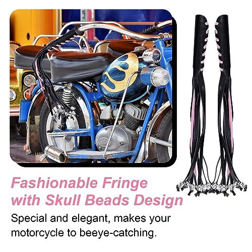 Motorcycle Lever Cover PU Leather Fringed Brake Clutch Covers Universal Grip Tassels Motorcycle Handlebar Covers with Skull Beads - color: Black with Pink Strap