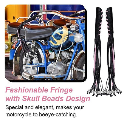 Motorcycle Lever Cover PU Leather Fringed Brake Clutch Covers Universal Grip Tassels Motorcycle Handlebar Covers with Skull Beads - color: Black with Pink Strap