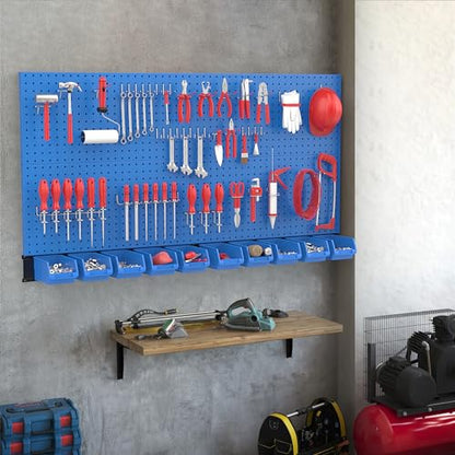 Ultrawall Pegboard Wall Organizer, Blue Metal Peg board Panels, Garage Storage System with Hooks and Storage Bins, 59pcs - color: Blue