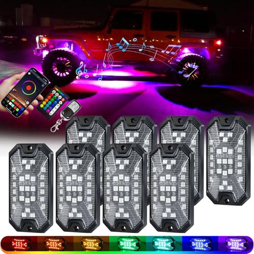 8Pods 5 Sides Full Angle RGB LED Rock Lights Kits High Brightness 27 Beads RGB 5050 IP68 Waterproof Underglow Multicolor Exterior Wheel Rock Lights for 12V Trucks Jeep Offroad Pickup UTV ATV RZR SUV - size: 8 Pods 5 Sides