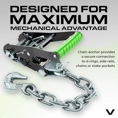 VULCAN Car Tie Down with Chain Anchors - Lasso Style - 2 Inch x 96 Inch - 4 Pack - High-Viz - 3,300 Pound Safe Working Load - size: Chain Anchors - High Viz Green (4 Pack)