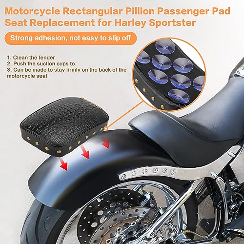 Motorcycle Rectangular Passenger Pad Seat Rear Leather Pillion Cushion 8 Suction Cup Compatible with Harley Dyna Sportster XL 883 1200 Chopper Custom - style: 8 Suction Cup-Black Crocodile Rivet