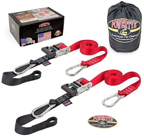 PowerTye 1.5 inch x 10ft Extra Long Ratchet Tie Down Straps, Heavy Duty with Carabiner Hooks, Soft-Tye & Bag, for Motorcycle, ATV & Cargo - 1,000 lb WLL - Made in USA - Red/Black Pair - color: Red, size: 10 ft + Storage Bag