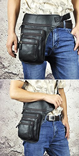 Le'aokuu Mens Genuine Leather Motorcycle Tactic Belt Waist Pack Drop Leg Cross Over Bag - color: X3111 Black