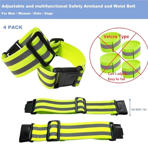4-Pack Adjustable Reflective Armbands & Belts | High-Visibility Safety Gear for Running, Cycling & Night Walking | Reflective Wrist, Ankle Bands for Kids & Adults