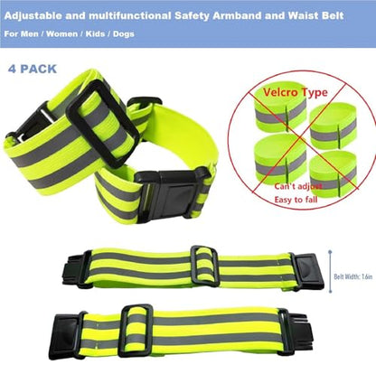 4-Pack Adjustable Reflective Armbands & Belts | High-Visibility Safety Gear for Running, Cycling & Night Walking | Reflective Wrist, Ankle Bands for Kids & Adults
